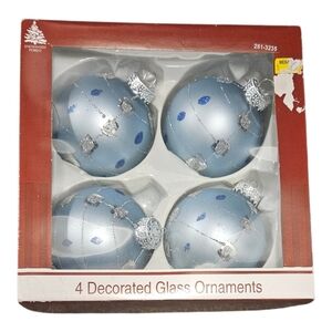 Set Of 4 Enchanted Forest Light Blue Round Glass Glittered Christmas Ornaments